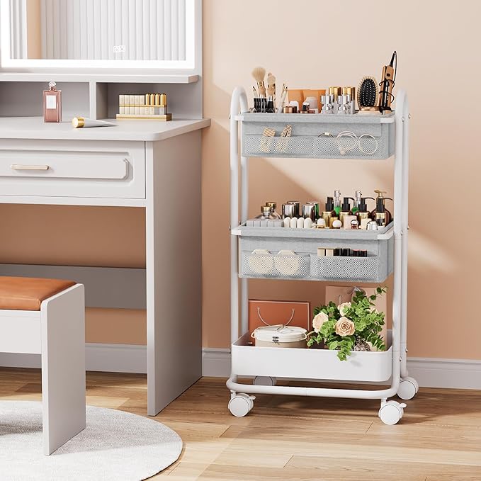 Modanais Baby Diaper Caddy Organizer Cart - 3 Tier Rolling Storage Cart with Wheels, Baby Essentials for Nursery Storage, Detachable Dividers - for Crib, Bedroom, Art & Craft Organizer (Light Gray)