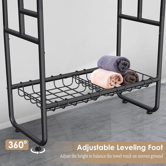 Kayfia 40" H Towel Rack Freestanding, 3-Tier Bath Towel Holder Stand with Storage Baskets & Hooks, Blanket Drying and Display Rack for Oversized Bath Towels, Metal Towel Rack Stand Indoor Outdoor