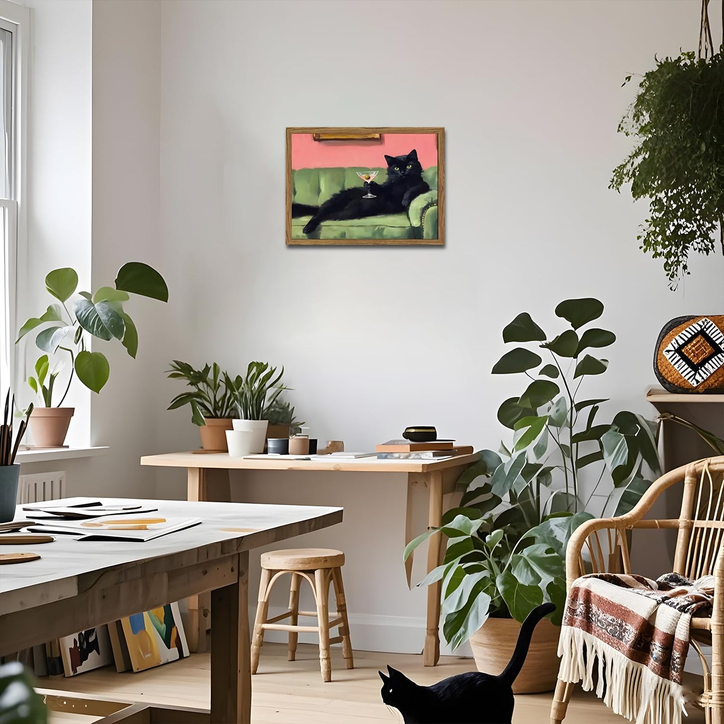 Funny Black Cat Martini Wall Art, Bar Cart Decor, Eclectic Cocktail Painting Canvas Print, Cute Animal Artwork Picture for Bedroom Living Room Kitchen 12x16 inch Wood Framed