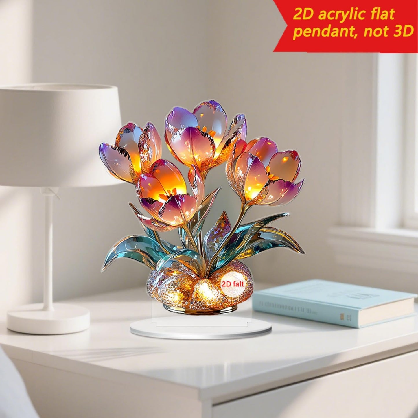 Xanorrg Miniature Acrylic Crystal Bouquet 2D Printing Desk Display Decoration for Bookshelves Tabletop Decoration Ornament Miniature Table Display