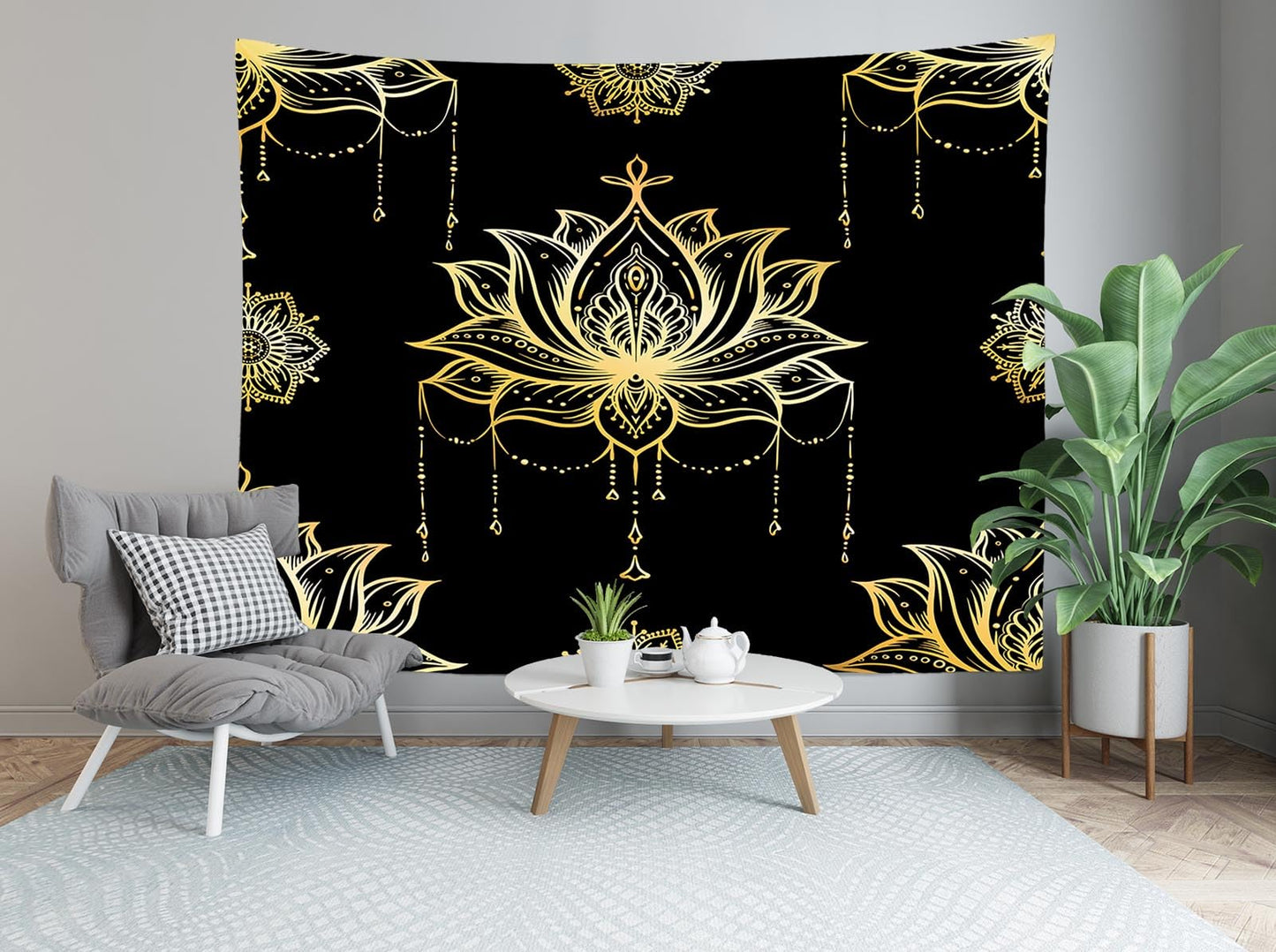 Loccor Black Gold Lotus Tapestry Spiritual Lotus Psychedelic Meditation Lotus Flower Wall Hanging Decor Bedroom Living Room Zen Boho Wall Art Decor 80‘’x60''