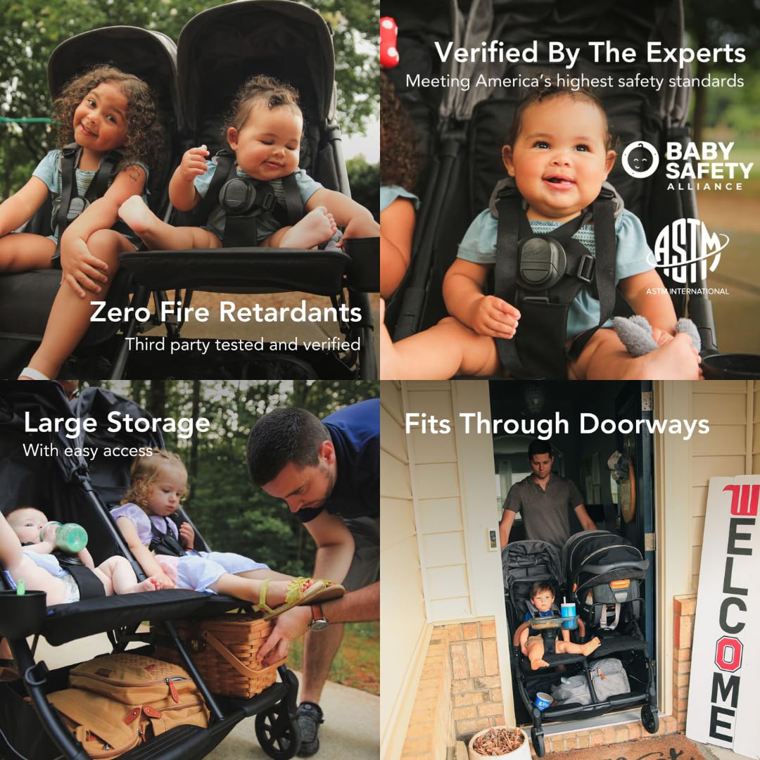Strolee Lightweight Double Side by Side Stroller - 22 Lbs, 9.5" Compact Fold, Twin Nap Ready Seating, No Rethread Harness, Magnetic Buckle & Ultra Plush Seat 60Lb Per Seat- (v2 Fawn)