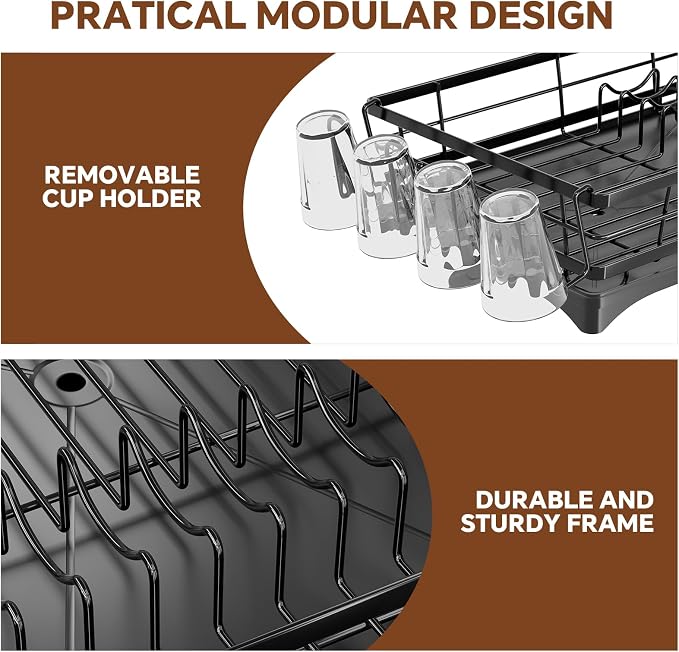 Simple Trending Dish Drying Rack for Kitchen Counter, Stainless Steel Dish Rack, Large Dish Drainer Organizer with Cutlery Holder & Cup Holders, Black