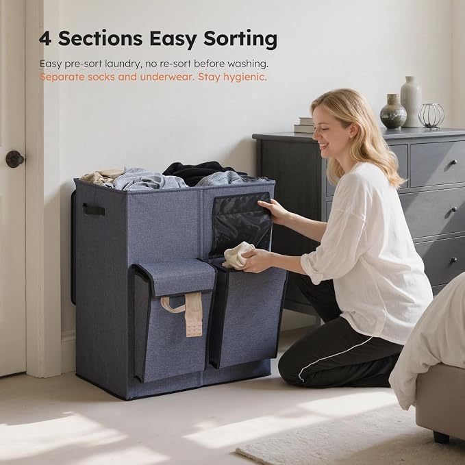 SOLEDI Double Laundry Hamper with Lid, 47.8 Gal (180L) Large Laundr Basket 2 Section with 2 Side Pockets, Dirty Clothes Hamper with Removable Bag, Easy to Carry for Laundry Room, Bedroom, Navy Blue