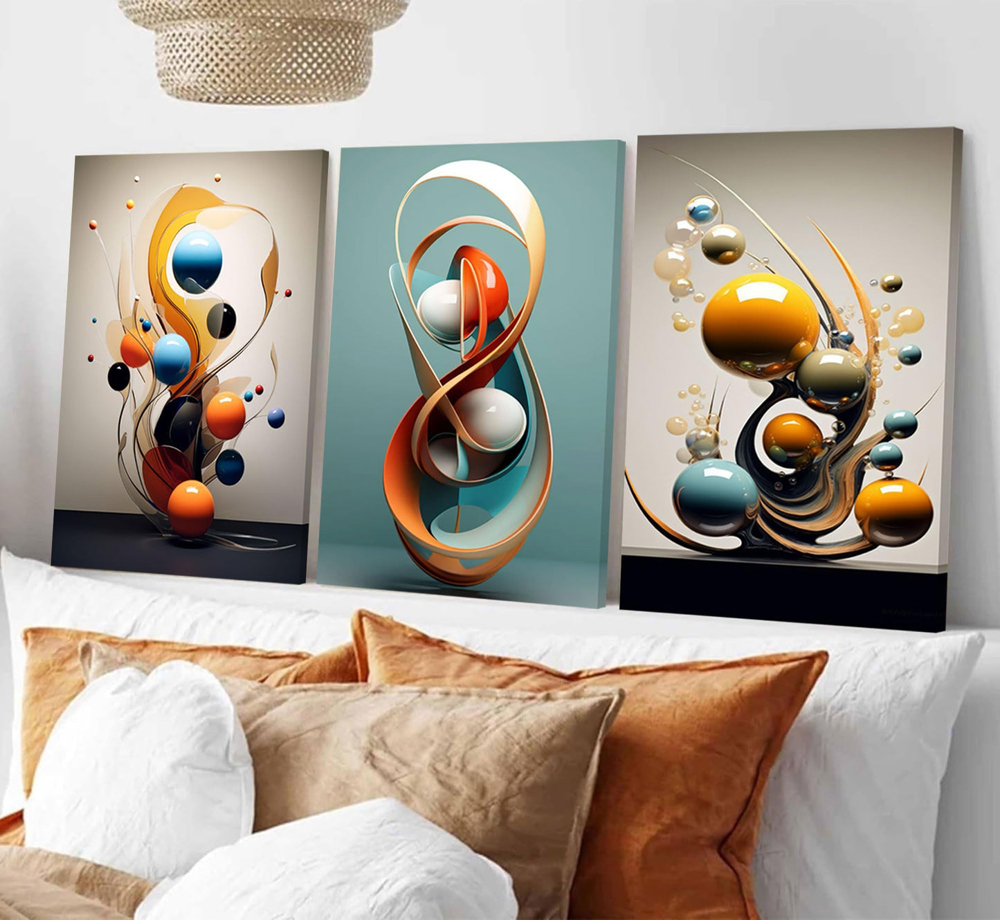 3pcs Modern Abstract Canvas Wall art Three-Dimensional Geometric Spheres Wall Decor Pictures Minimalist Medieval Posters Prints for Living Room Bedroom Office Home decorate Prepare to hang