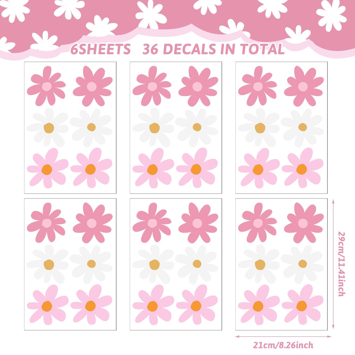 BBTO Daisy Wall Decal Flower Vinyl Wall Floral Decals Peel and Stick Daisy Stickers for Kids Nursery Art Bedroom Living Room(Pink, White)