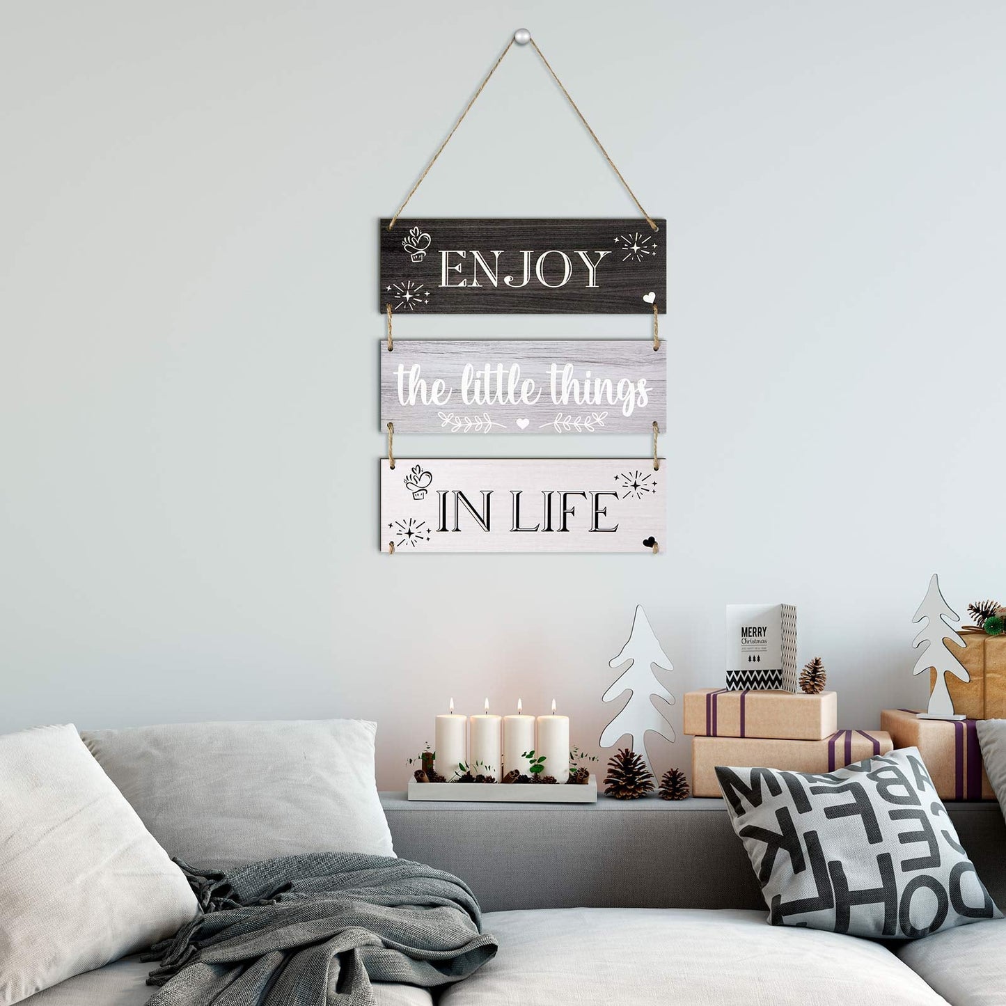 Jetec Enjoy The Little Things in Life Wall Decor,family Hanging Wood Sign Rustic Wooden Wall Decor Board Decorative Plank Hanging Sign for Living Room Bedroom Outdoor(Gray Series)