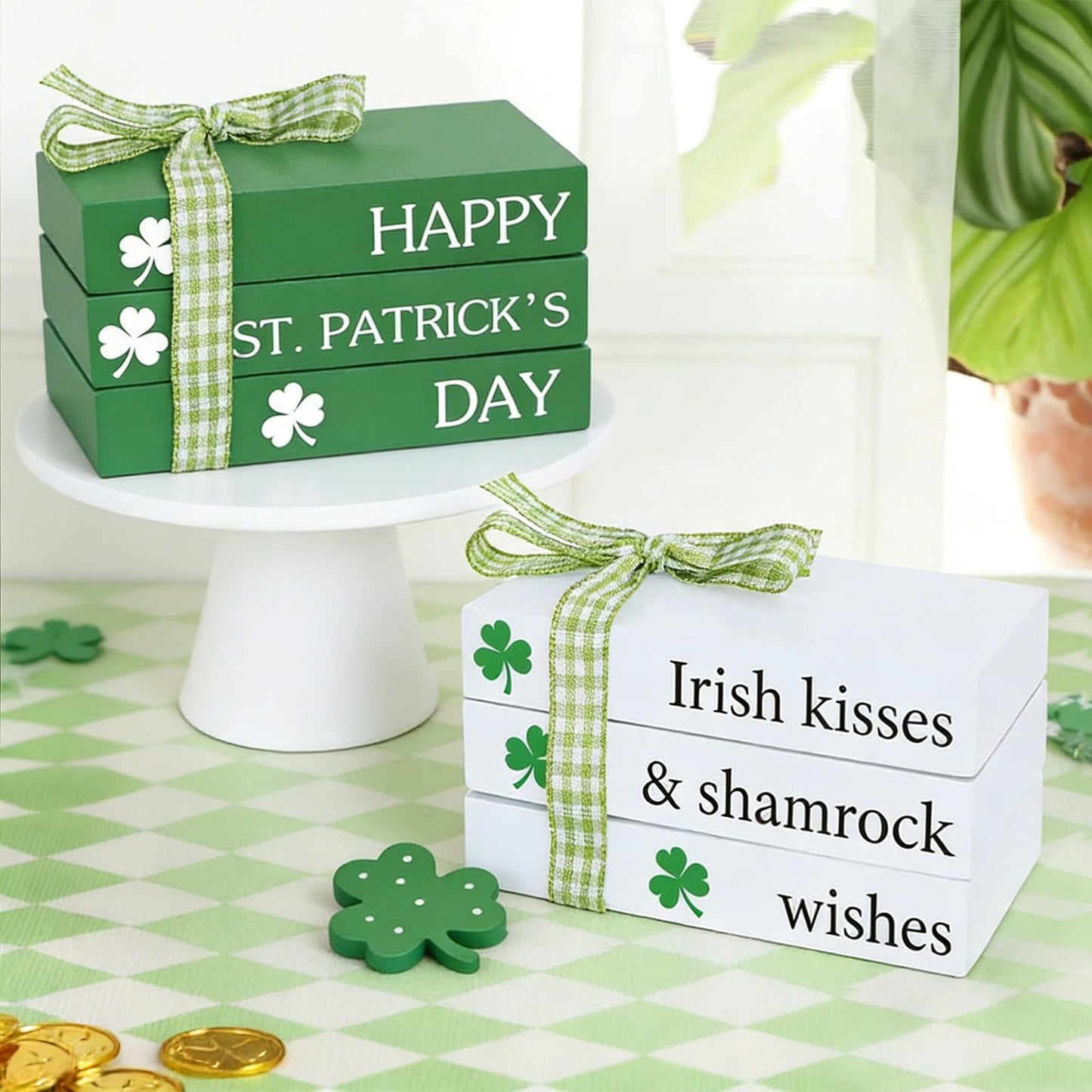 Whaline Mini Happy St. Patrick's Day Wooden Books Stack with Ribbon 2Pcs Shamrock Faux Books Bundle Green White Stacked Books Tabletop Centerpieces for Irish Farmhouse Tiered Tray Entryway Home Decor
