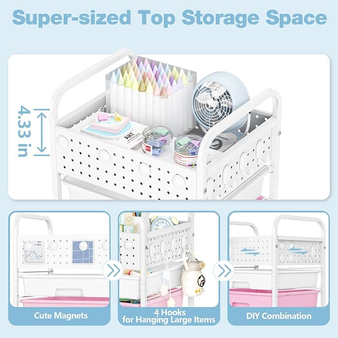 5 Drawer Rolling Storage Cart with Pegboard Top and Hooks, Mobile Organizer Cart with Wheels for Office Supplies, Craft Storage, Classroom Organization, Home Utility Cart, Pink&Blue