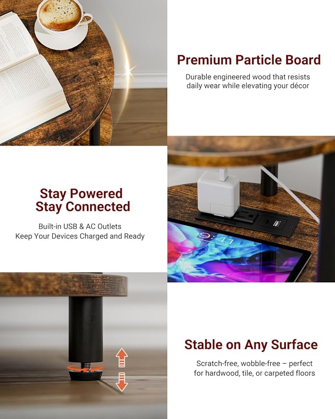 XBurmo Small Round End Table - 3 Tier Design Accent Table, Narrow Side or Bedside Stand, Industrial Vintage Table for Small Spaces, Built-in USB Ports and Power Outlet, Rustic Brown