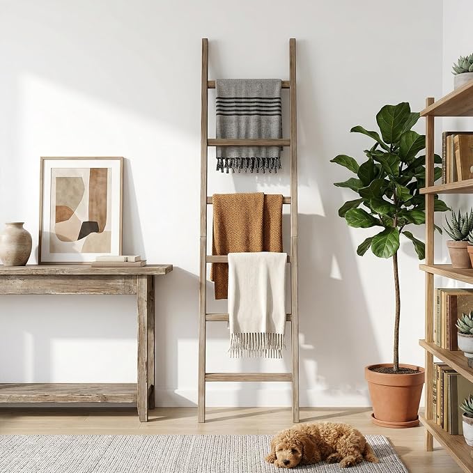 Wooden Blanket Ladder - Natural & Motley Wood - Leaning Wall Decor for Bedroom, Bathroom, Living Room - Rustic Quilt Holder & Towel Rack (Burnt Brown, 76in（6-Tier）)