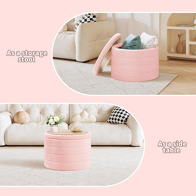 PINPLUS Ottoman with Storage, Foldable Round Ottoman Sherpa Stool with Tray, Boucle Foot Rest for Living Room, Bedroom, Dorm(Pink)