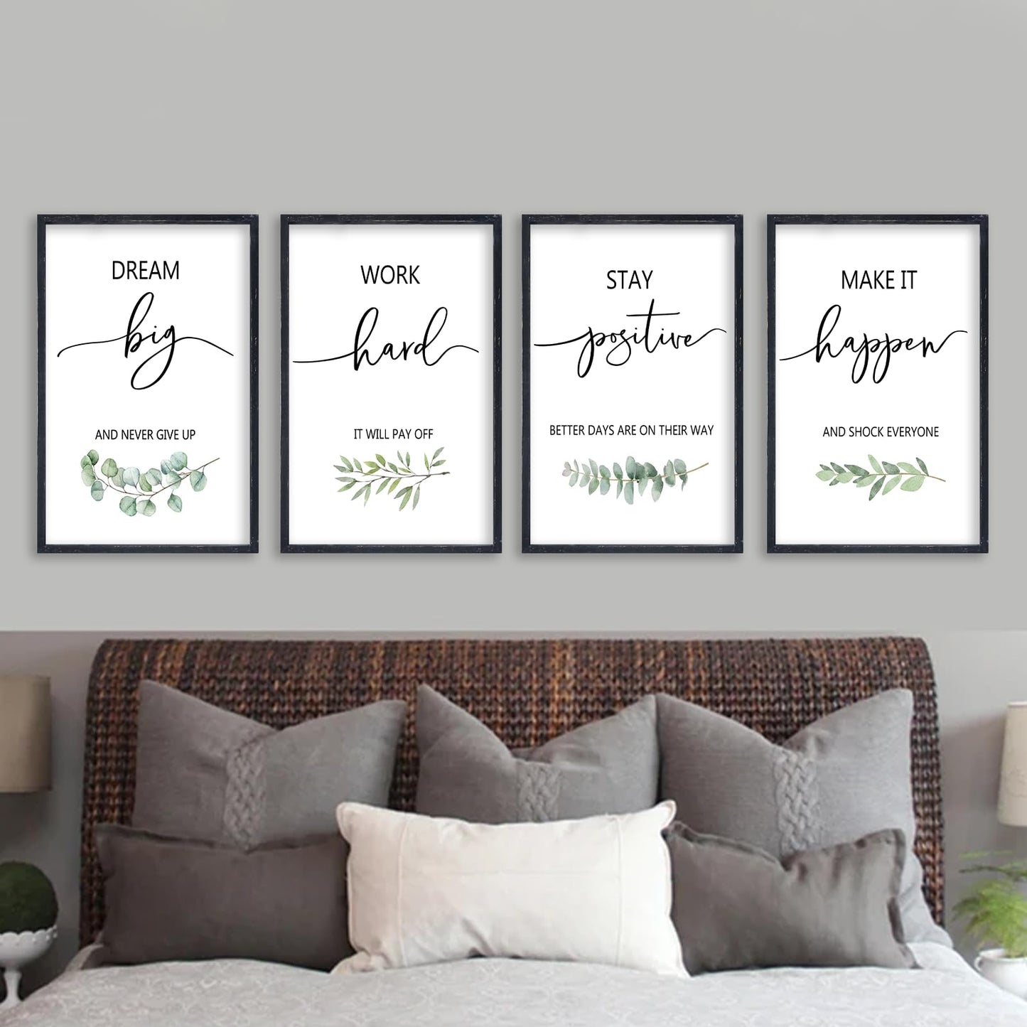 Set of 4 Inspirational Quotes Wall Art 16x11 Inch Encouraging Office Wooden Framed Positive Affirmations Home Family Decor Sign Motivational Plaque Wall Hanging Decoration (Black)