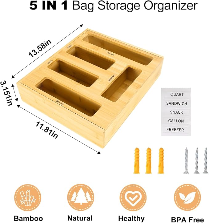 Bag Storage Organizer Compatible with Ziploc | Gallon, Quart, Sandwich & Snack Sized Slider Bags,Bamboo Organizer For Drawer,13.7"L*11.8H"*3.1W"