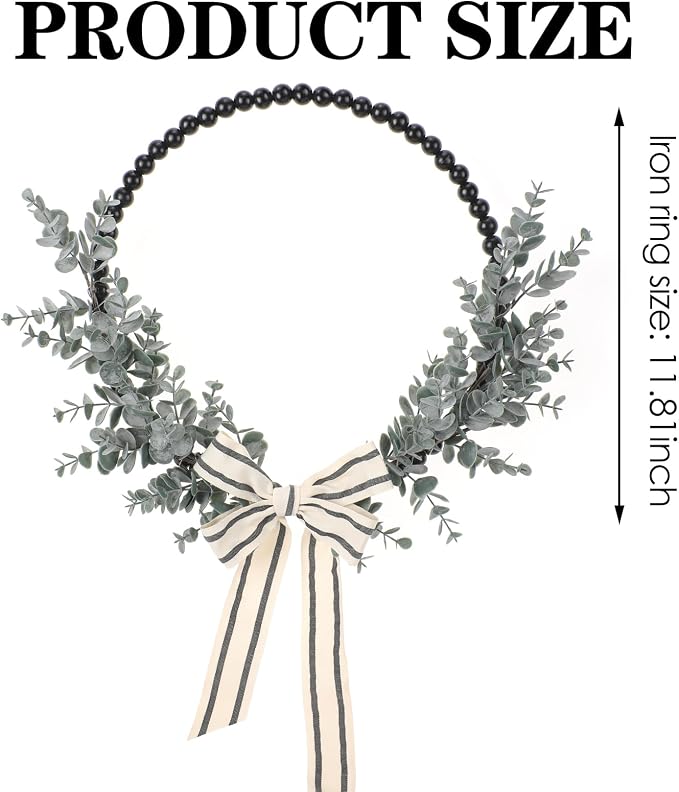 Wood Bead Eucalyptus Leaf Wreaths - 13 Inch Natural Greenery Wreaths Boho Wall Hanging Decoration for All Season Bedroom Room Rustic Farmhouse Home Indoor Outdoor Window Decor