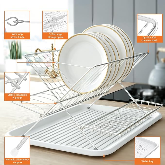 Stainless Steel Foldable Dish Drying Rack, 2 Tier Collapsible Kitchen Rack for Counter, Large Capacity Expandable Dish Drainer Rust Proof