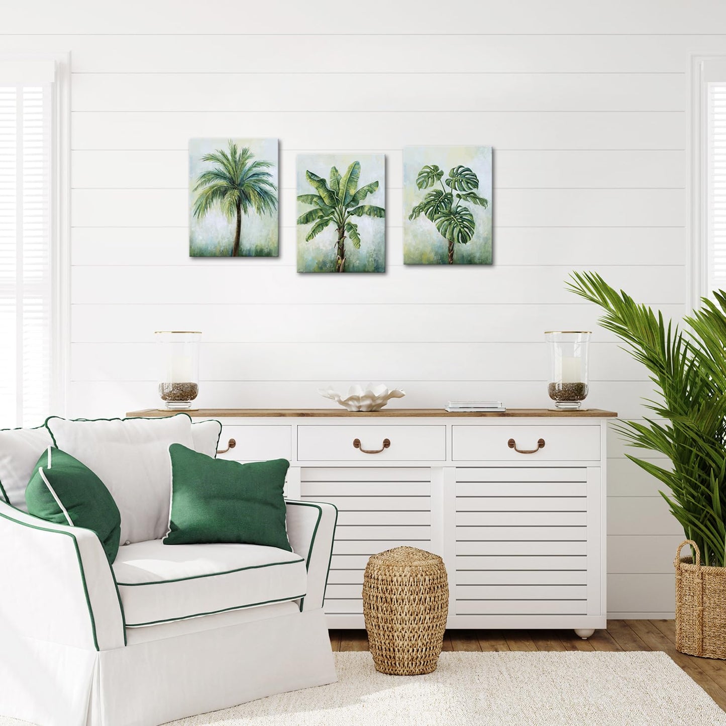 KREATIVE ARTS Tropical Plant Wall Art Set of 3 12x16 Inch Palm Banana Leaf Monstera Canvas Prints Green Botanical Artwork for Bedroom Bathroom Kitchen Office Decor Ready to Hang