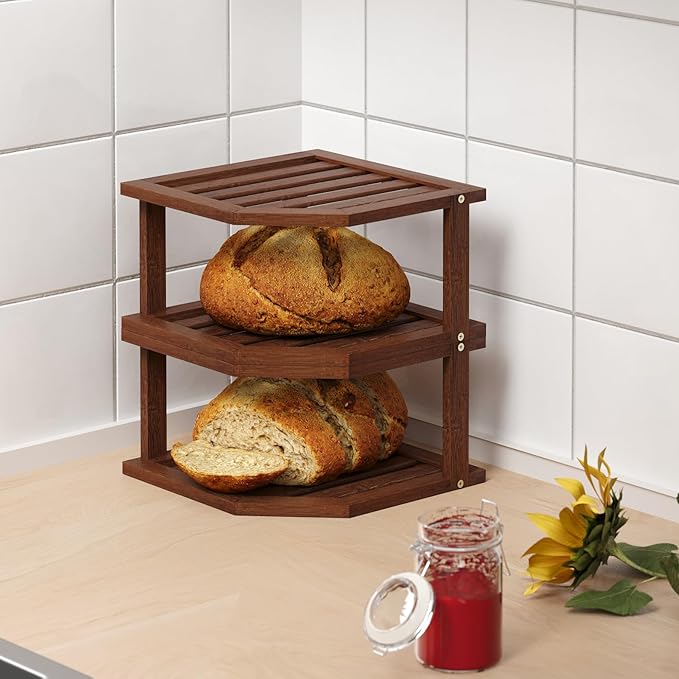 VERTORGAN Bamboo Corner Shelf(2 Pack),2 Tier Plate Organizer for Cabinet and Countertop,Pantry Dish and Spice Rack for Kitchen（Brown）