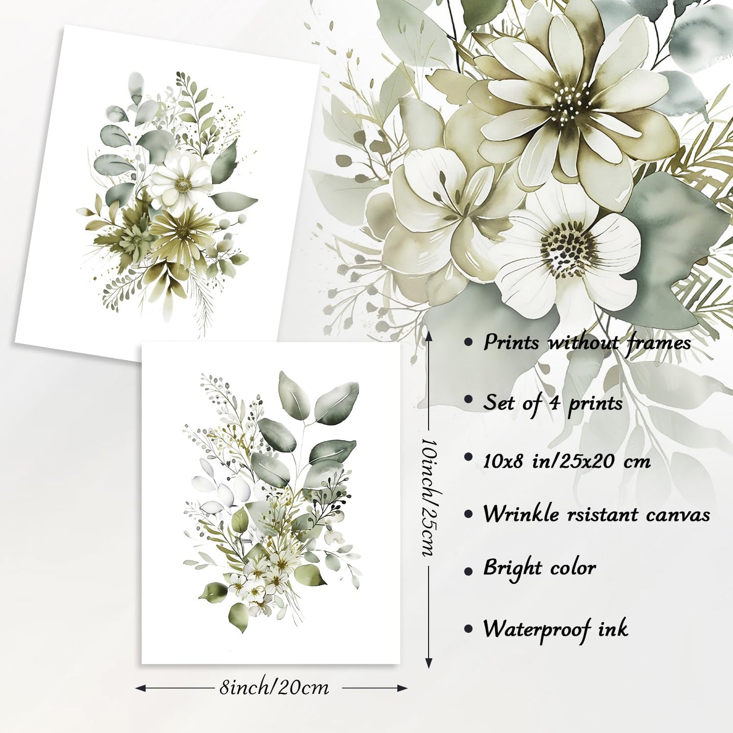 Dazzlewall 4pcs Botanical Wall Art Prints, Boho Sage Green Leaves Watercolour Artwork Print, Minimalist Wall Decor for Bedroom Living Room Bathroom, 8x10 in Unframed