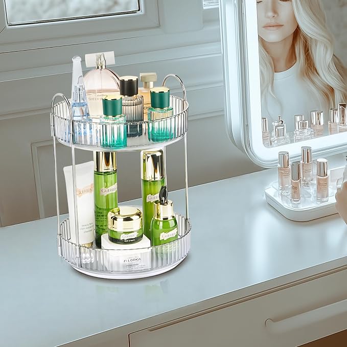 360 Rotating Makeup Organizer, 2 Tier Lazy Susan Bathroom Counter Organizer, Skincare Organizers, Spinning Perfume Organizer & Vanity Organizer Countertop (Silver Clear, 2 Tier)
