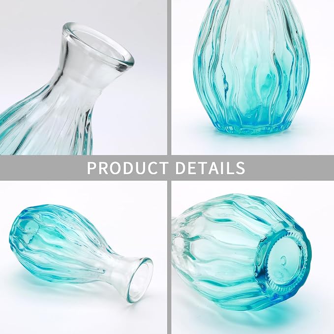 Mapoxy Glass Bud Vases Set of 4,Blue Small Flower Vases for Wedding Centerpiece Table Decorations,Clear Vintage Embossed Mini Vases,Flower Arrangements in Vases for Party or Home Decor