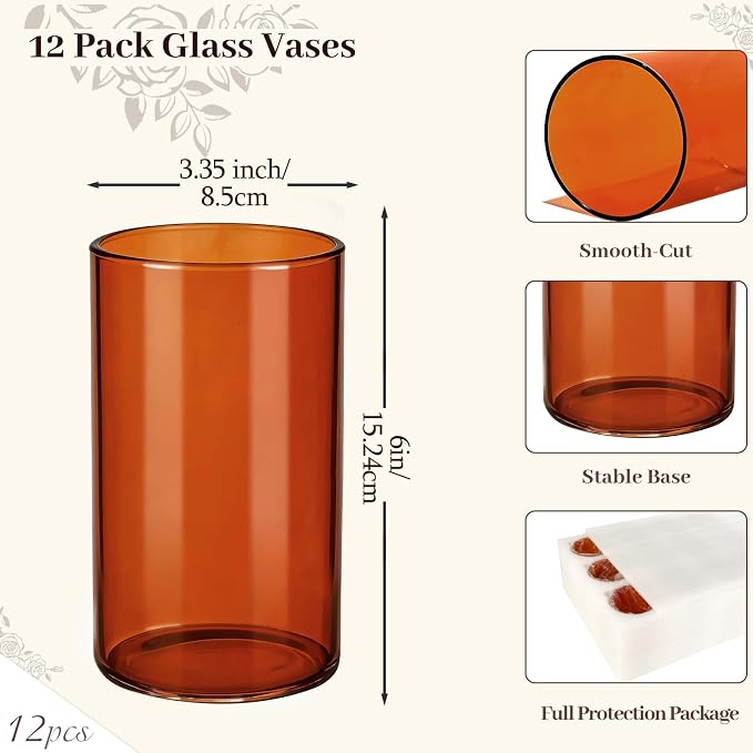 TBWIND 12pcs Amber Glass Cylinder Vases for Centerpieces, 6 Inch Bulk Flower Vases for Wedding Decorations, Hurricane Candle Holder for Floating Candles and Table Home Decor