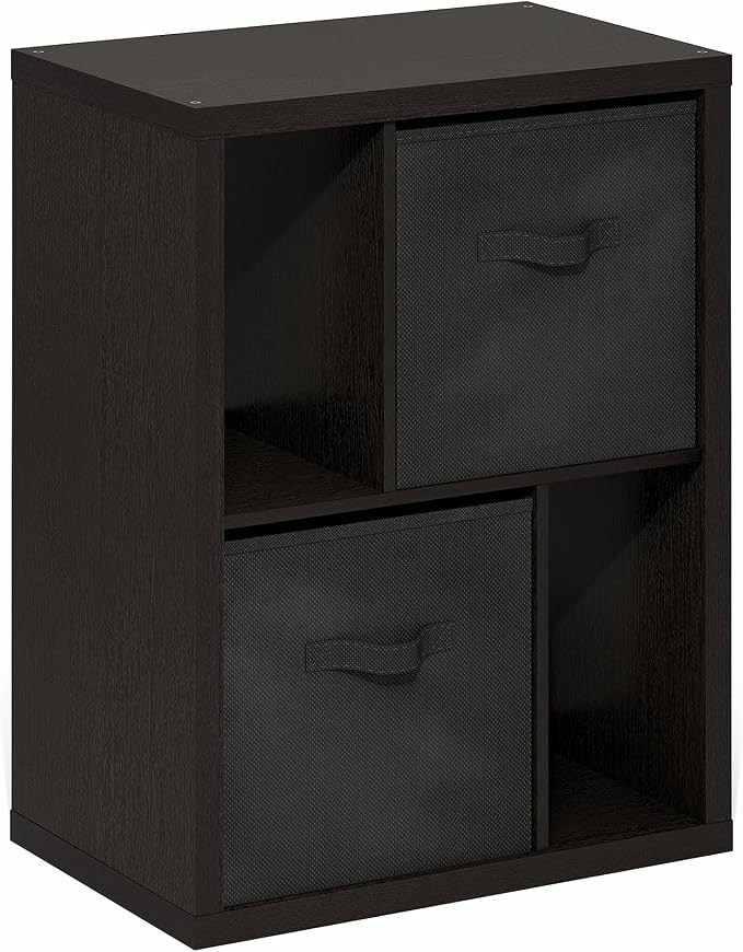 Furinno Viola Storage Shelf, 2-Tier Display Rack with 2 Drawer Bins, Extra Thick Frame Bookshelf, Reversible, for Organization, Living Room, Home Office, Black Dark Oak