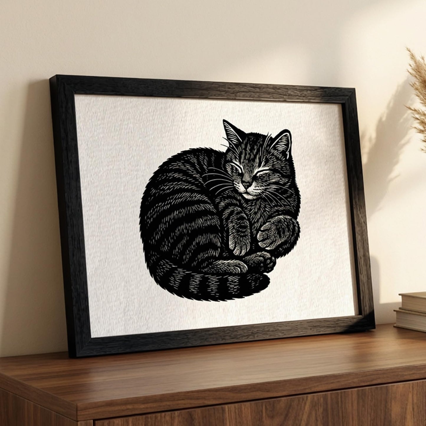 Caelumis Sleeping Cat Wall Art, Black and White Framed Cat Print, Woodcut Style Cat Wall Decor for Living Room, Bedroom or Office, 20 x 16 Inches