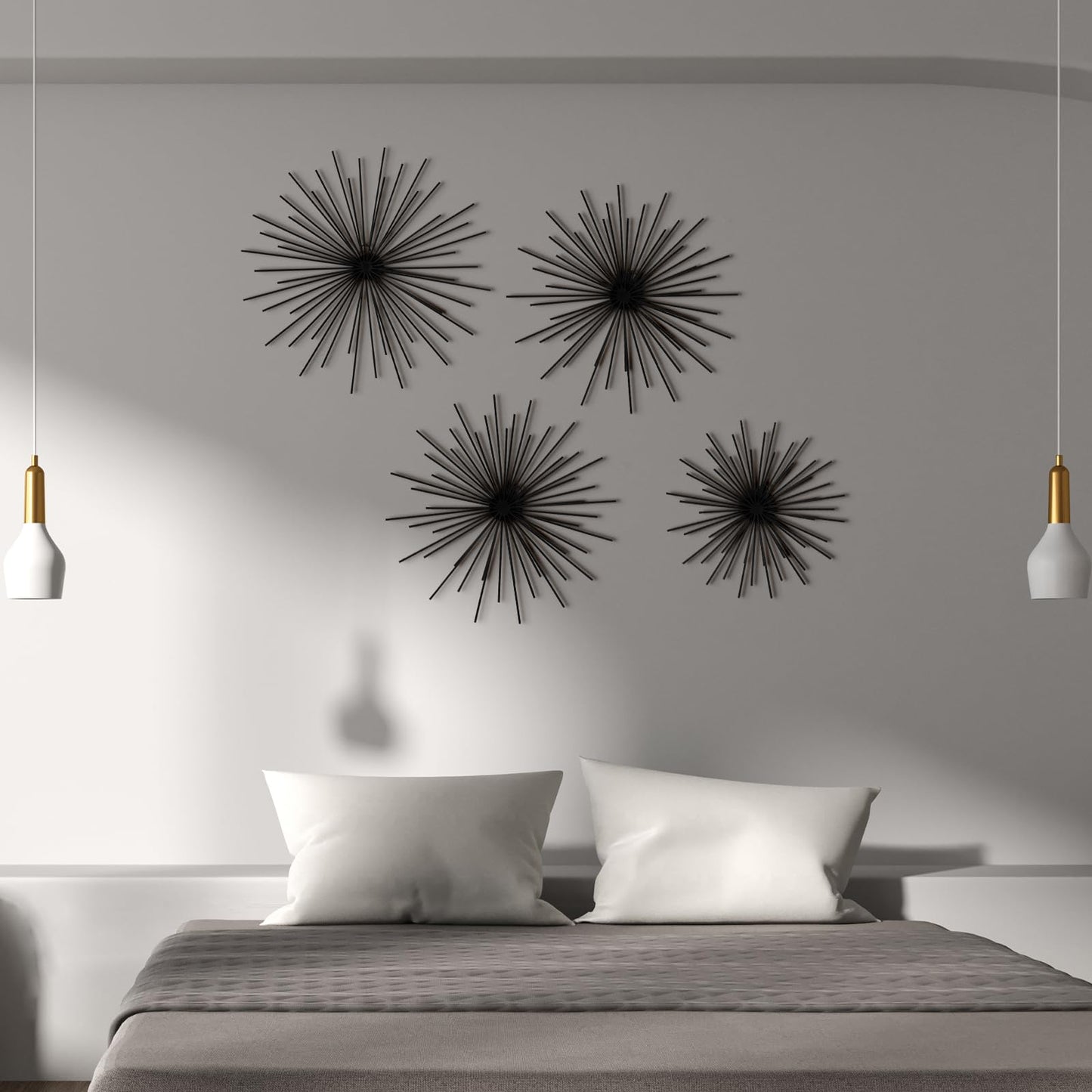 Shimeyao 4 Pcs Metal Starburst Wall Decor Black Metal Wall Art 3D Spike Bling Finish Star Burst Hangings Accents Sculptures Set Modern Mid Century Decorations for Living Room Bedroom Entryway