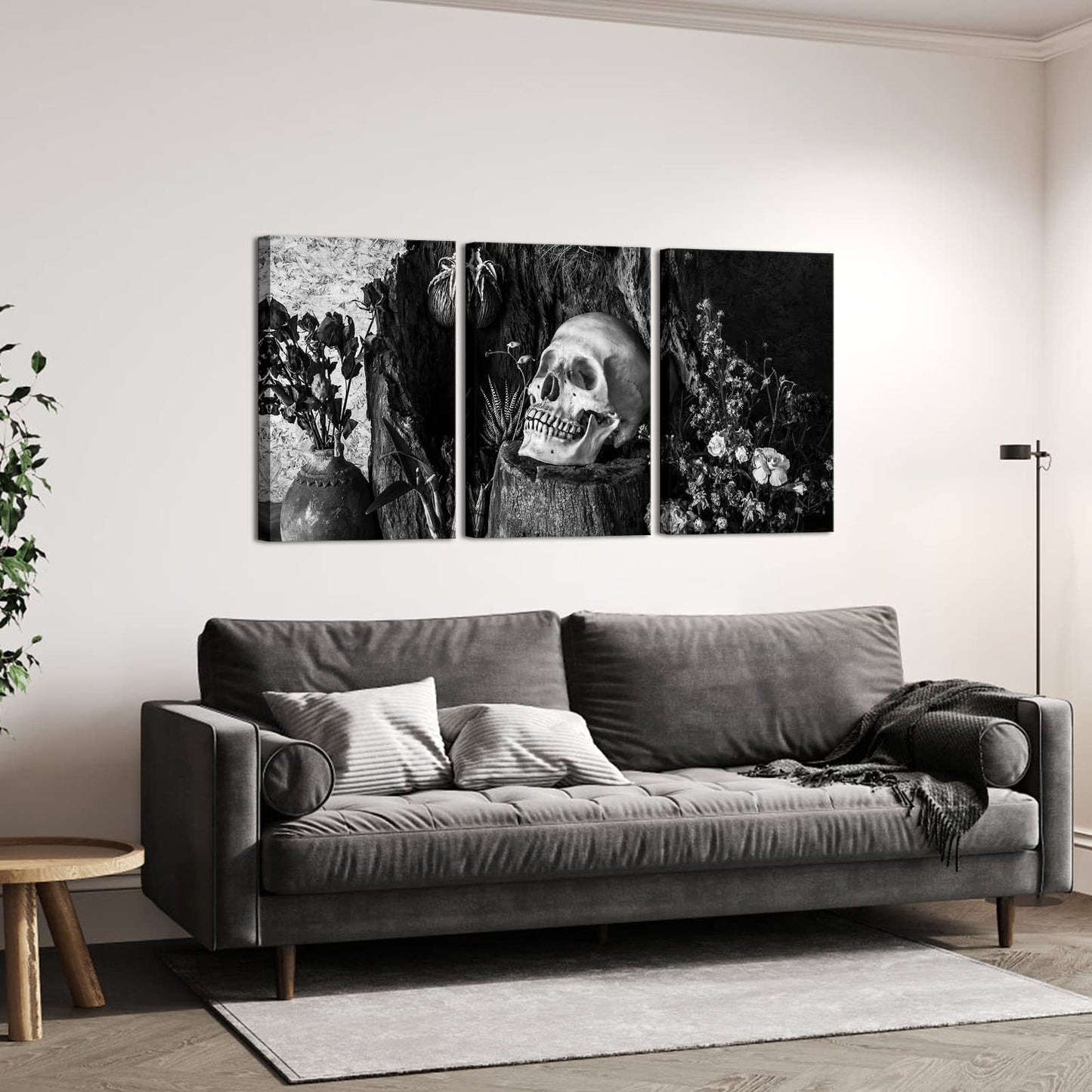 NutArtPic Skull Painting Day of the Dead Wall Art Black White Skull Flower Wall Picture Gothic Skeleton Canvas Gallery Wrapped (Black White, Medium)