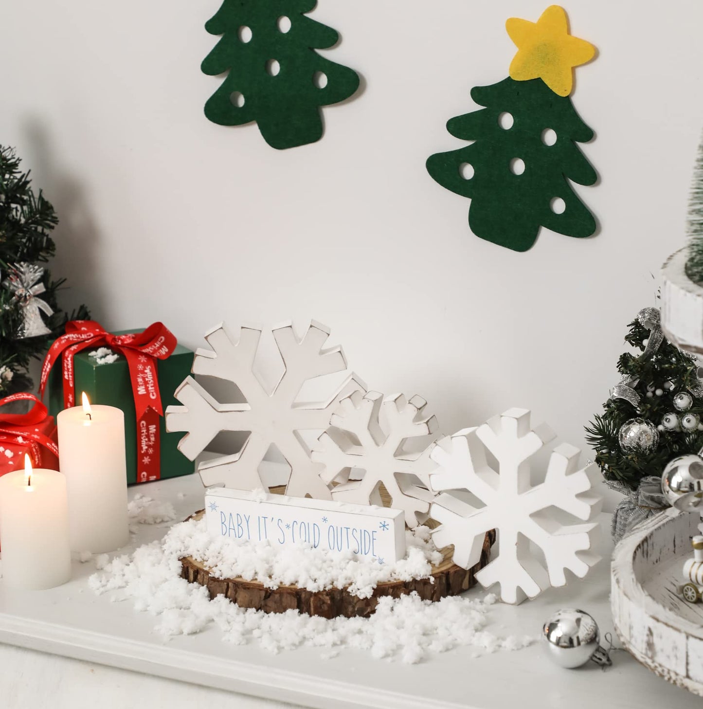 4 PCS Winter Wooden Snowflakes Decor - Christmas Snowflake Signs - Christmas Fireplace Decoration for Party - Tabletop Fireplace Decors Indoor