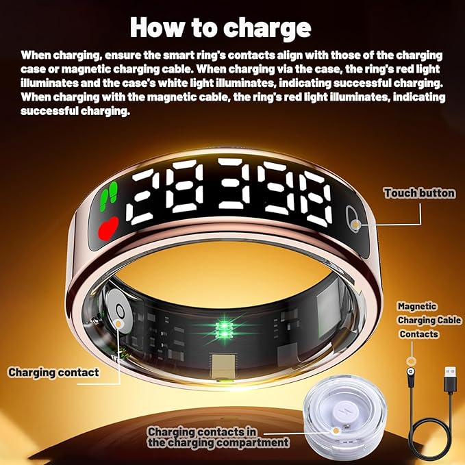 Smart Health Ring for Women Men, Smart Ring Fitness Tracker for iOS Android, Heart Rate, Blood Oxygen, Blood Pressure, Sleep Monitoring,5ATM Waterproof, No Subscription Fee (Gold, 13#)