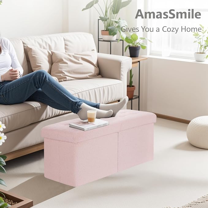 AmasSmile Footrest Ottoman Bench with Storage,34Inch Pink Teddy Velvet Footstool, Coffee Table, Padded Seat, Storage Chest,Blanket Store with Flipping Lid for Livingroom and Bedroom