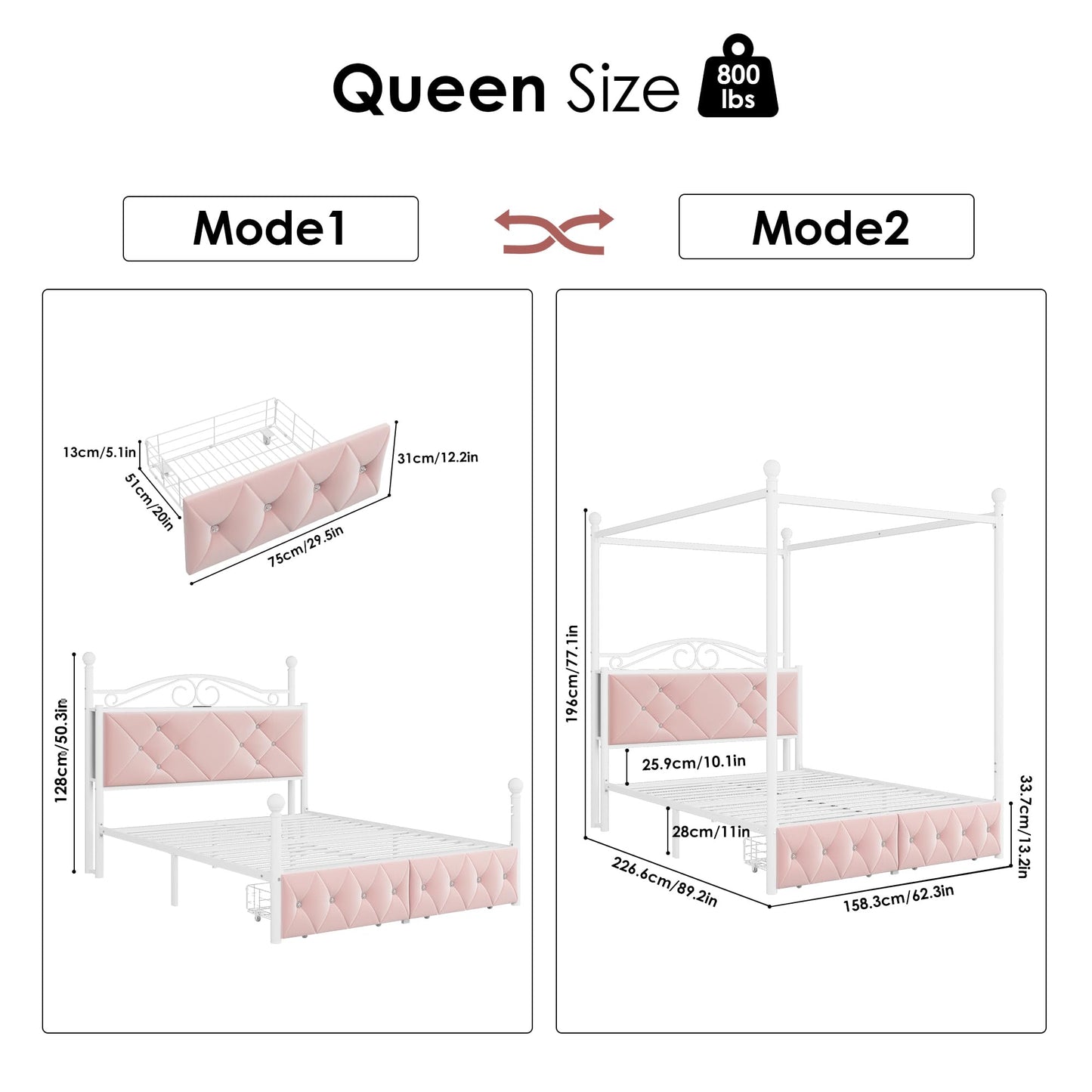 Queen Upholstered Canopy Bed Frame with 2 Drawers & Crystal Tufted Storage Headboard Two-Purpose Metal Platform Bed with 4 Removable Posts & Charging Station Pink Princess Bed, Curtain Not Included