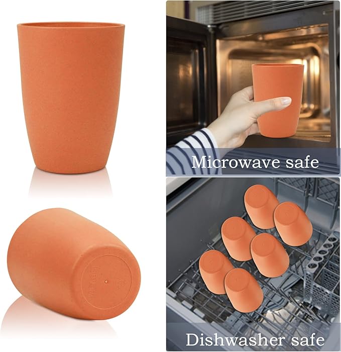 Wrova Wheat Straw Cups 6 PCS Good Alternative to Plastic Reusable Cups 12 oz Unbreakable Drinking Cup Reusable Dishwasher Safe Water Plastic Glasses Orange