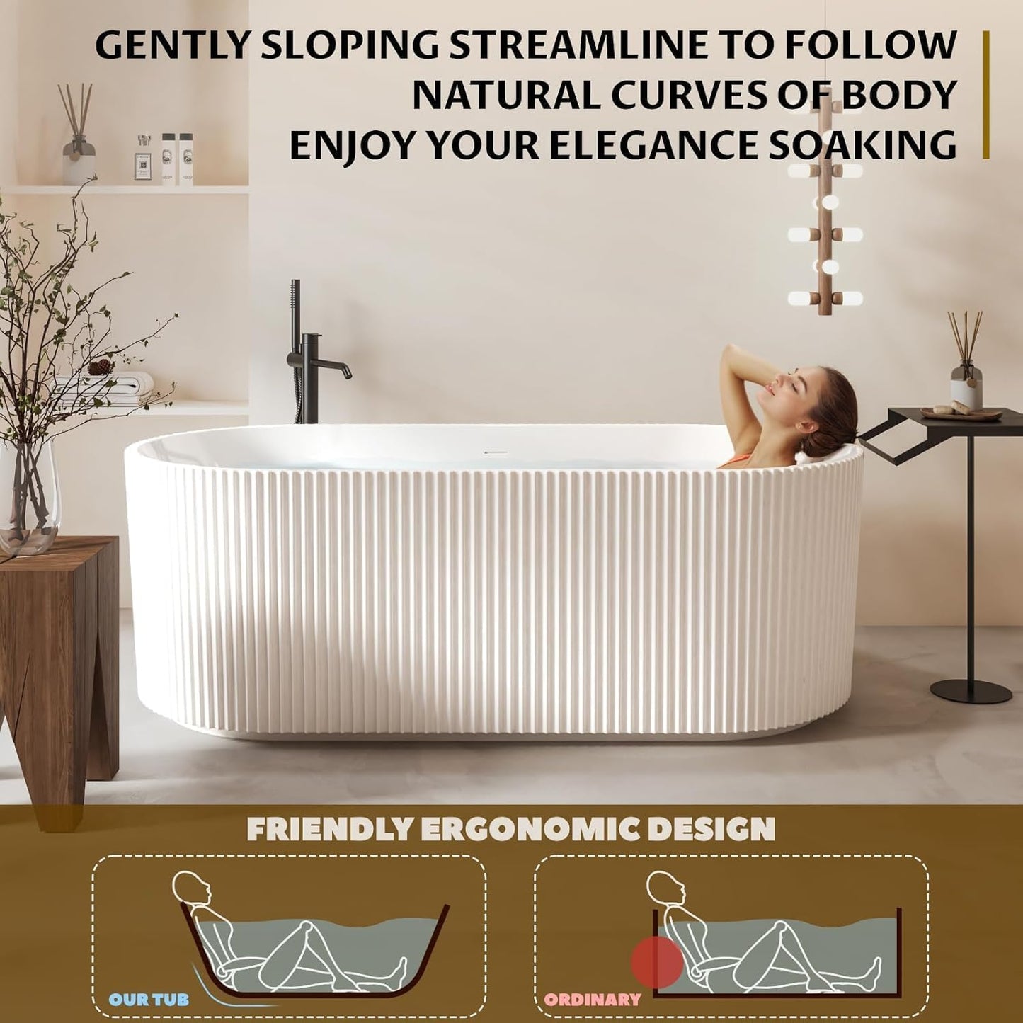 59'' Freestanding Bathtub, Deep Acrylic Soaking Tub with Non-Slip Base, cUPC Certified Modern Free Standing Tub, Chrome Drain, White Bath Tub for Bathroom Remodel and Spa-Like Comfort