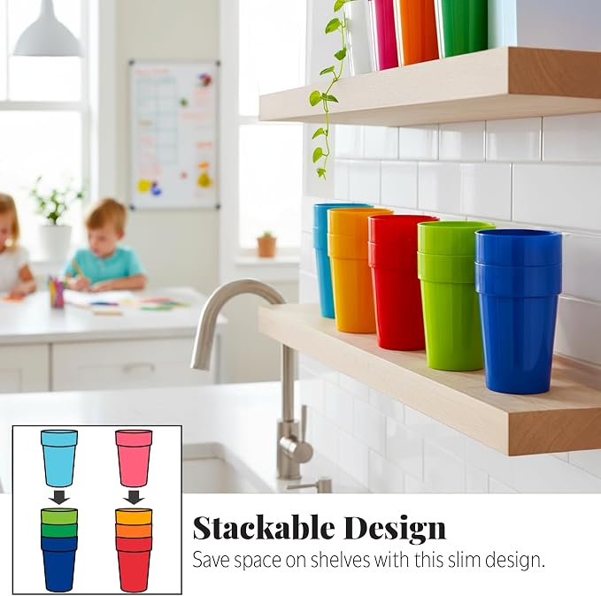 US Acrylic Spectrum Unbreakable Plastic 10 ounce Stackable Juice Tumblers in 8 Assorted Colors | Set of 16 Kids Drinking Cups | Reusable, BPA-free, Made in the USA, Top-rack Dishwasher Safe