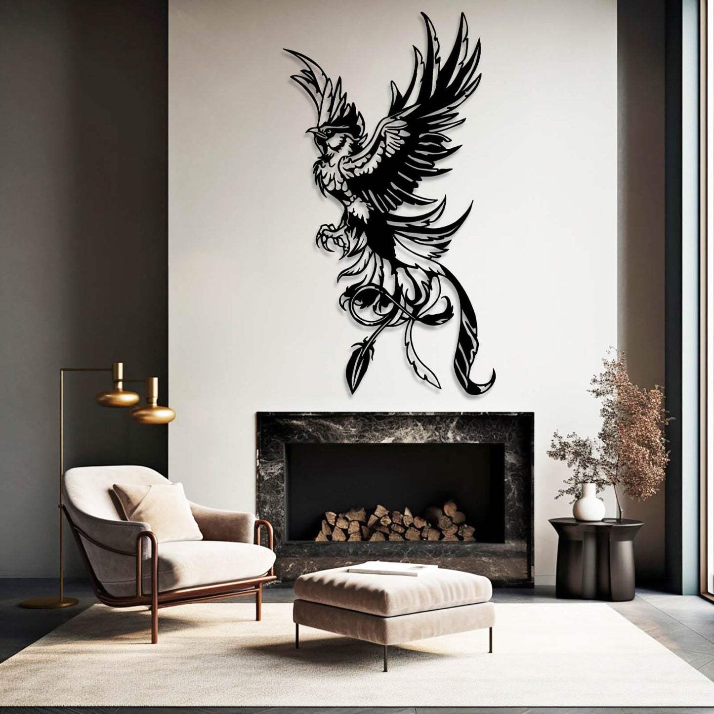 vinwipe Phoenix Metal Wall Art, Metal Phoenix Wall Decor, Bird Wall Decor, Mythical Wall Art, Outdoor Bedroom Wall Hanging (Black, 30"x17"/76x42cm)