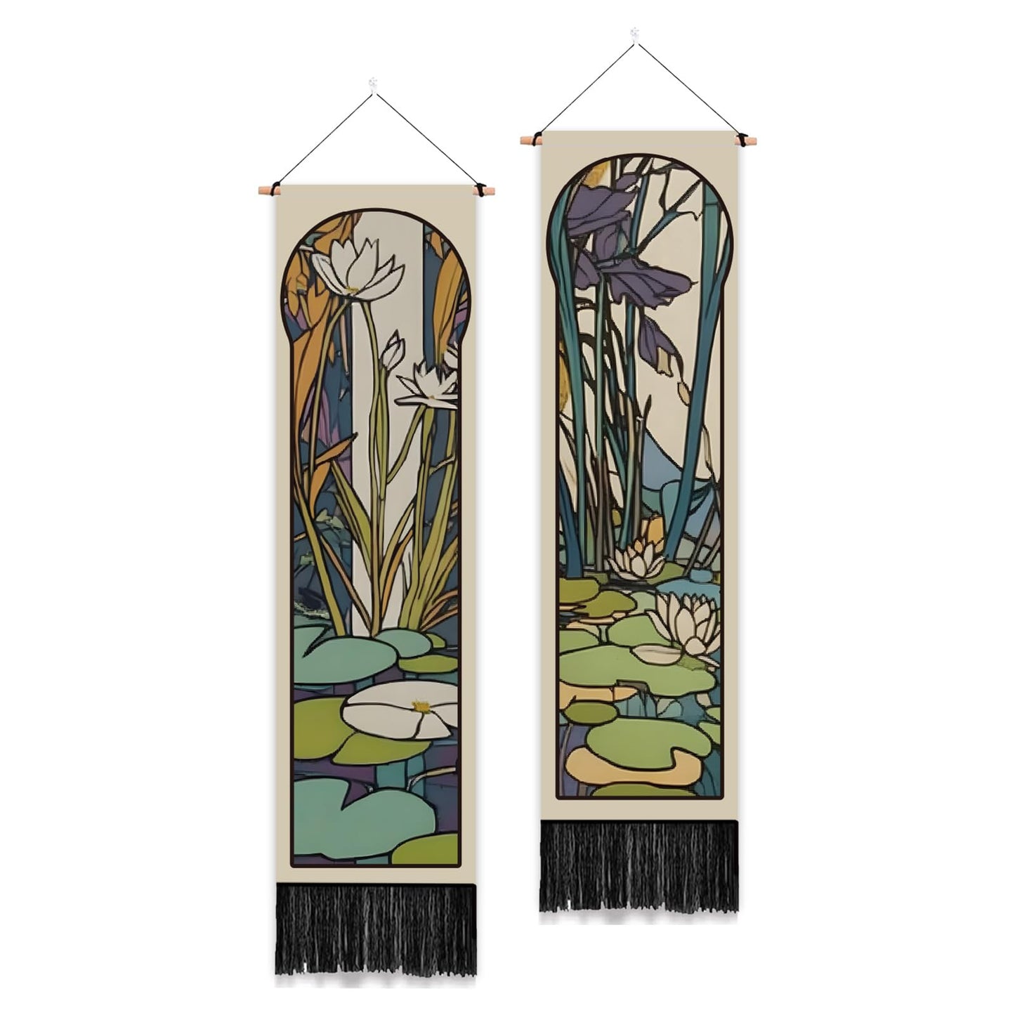 PLIGREAT 2 Pack Mucha Pond Style Tapestry Vertical Art Lotus Wall Hanging with Tassels Aesthetic Wall Tapestry for Bedroom Bathroom Living Room Long Narrow Home Art Decor, 52"x13"