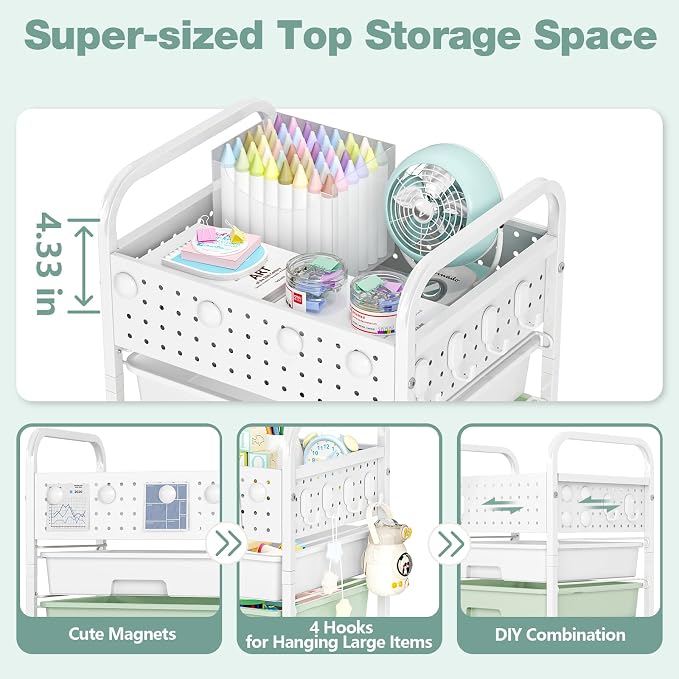 5 Drawer Rolling Storage Cart with Pegboard Top and Hooks, Mobile Organizer Cart with Wheels for Office Supplies, Craft Storage, Classroom Organization, Home Utility Cart, Gradient Green