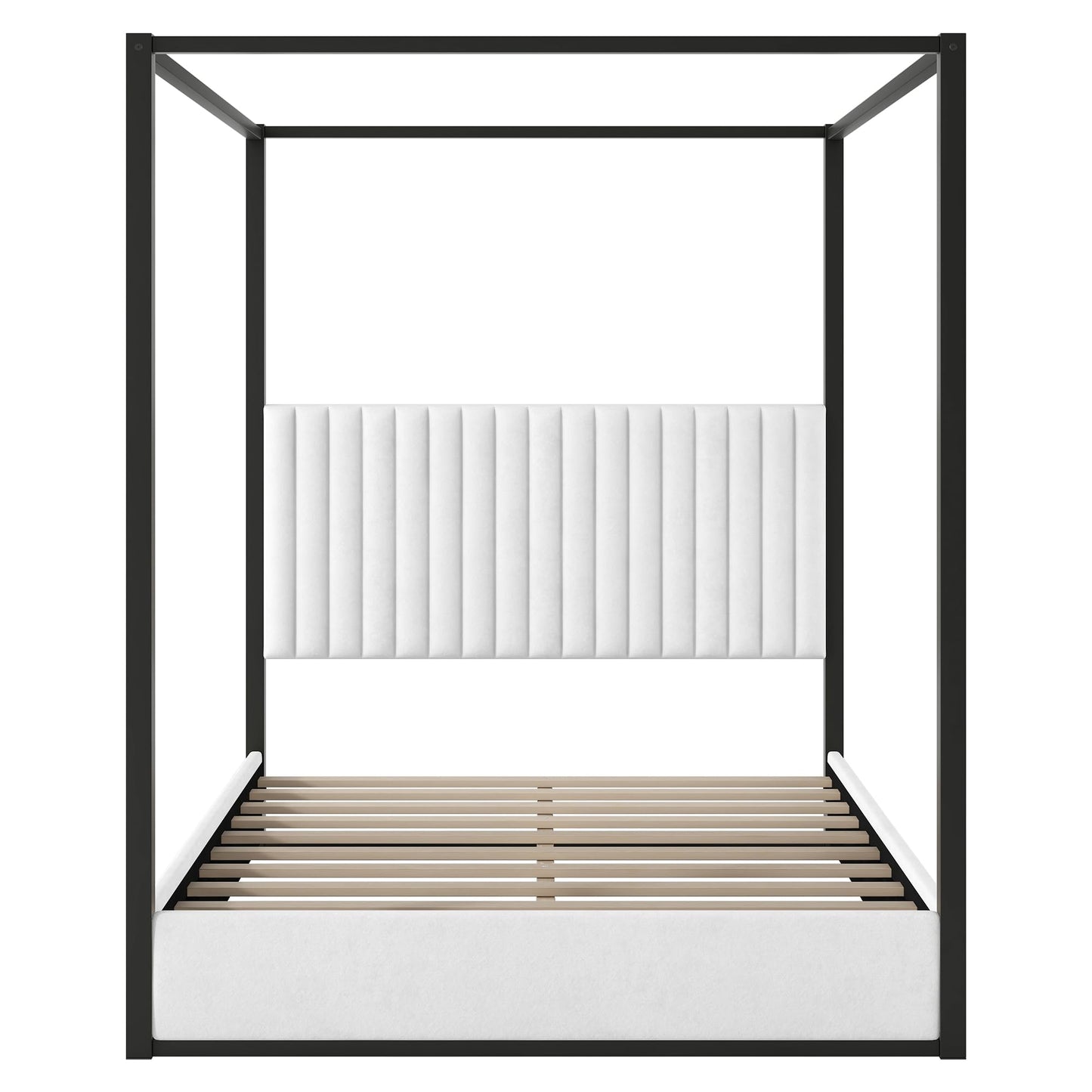 GDFStudio Queen Size Canopy Bed Frame with Upholstered Headboard, Metal Frame Platform Design, Four Poster Metal Frame Bed, Romantic Bedroom Decor, Modern Bedroom Furniture, Black White