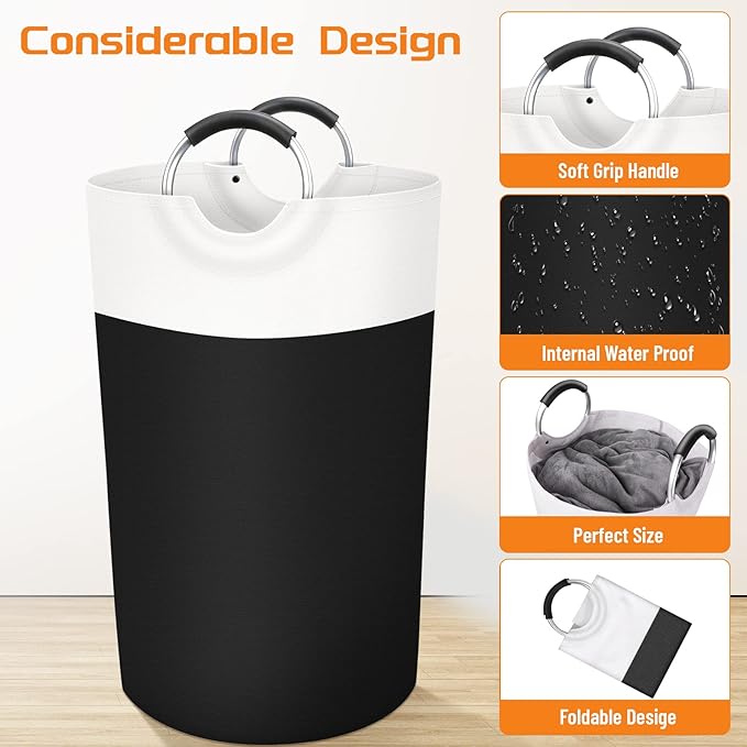 BlissTotes 90L Laundry Basket, Freestanding Laundry Hamper, Collapsible Dirty Clothes Hamper, Waterproof Fabric with Foam Protected Aluminum Handles for College, Dorm, Family (Black)