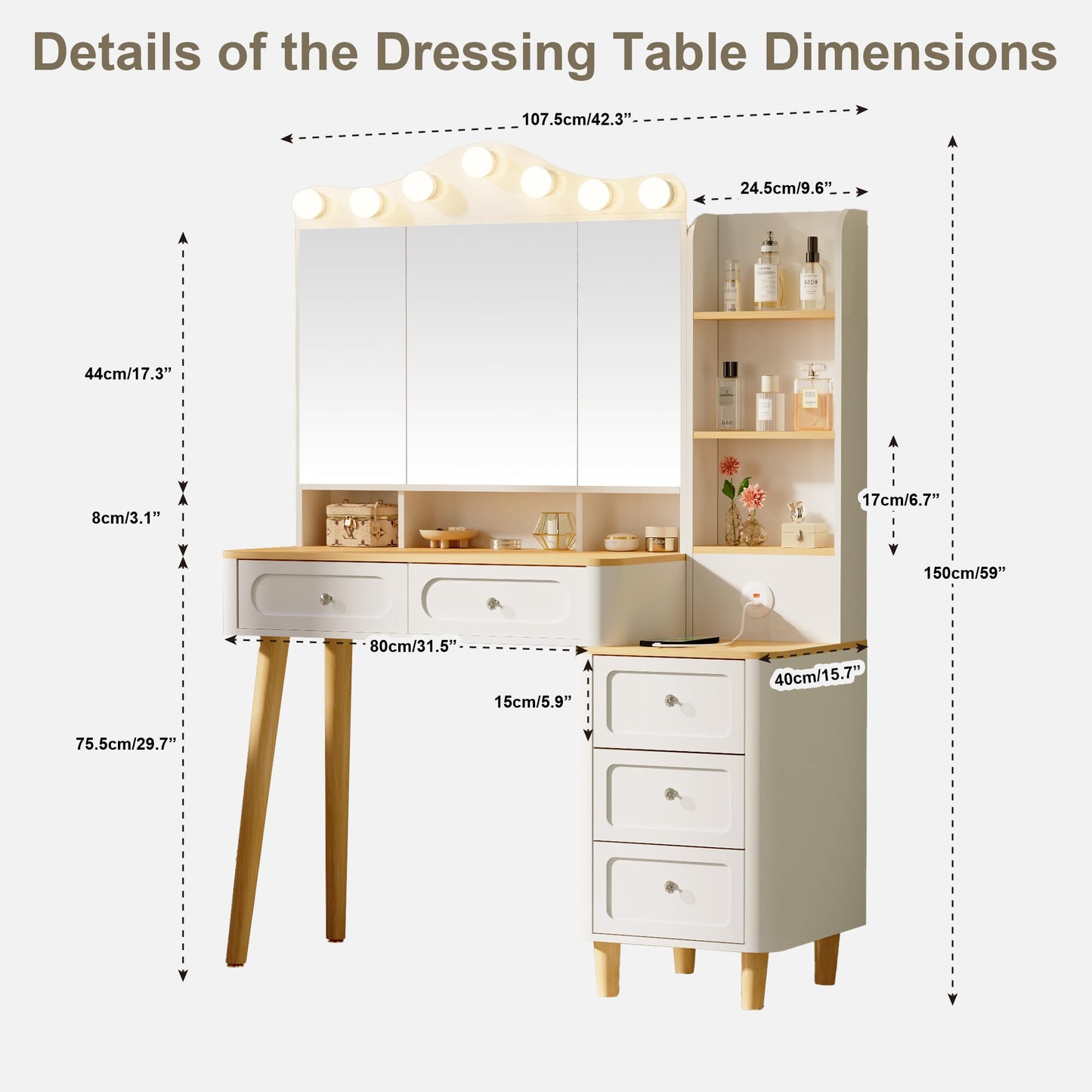 KEIKI Vanity Desk with Adjustable LED Lighted Mirror & USB Ports, Makeup Vanity Table Set with & Foldable 3-Sided Mirror & Large 5 Storage Drawers & Chest for Women and Girls Bedroom Dorm