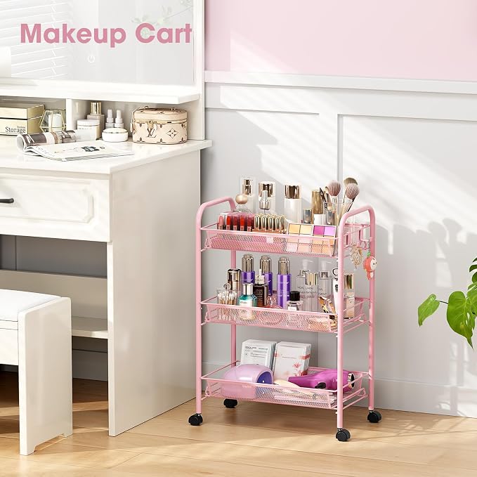 TOOLF 3 Tier Rolling Cart Pink - Metal Storage Organizer with Wheels, 33 lbs Shelf Capacity, Easy 5-Min Assembly, for Girls Room Bathroom Kitchen Office Nursery, Compact Design for Small Spaces, Pink