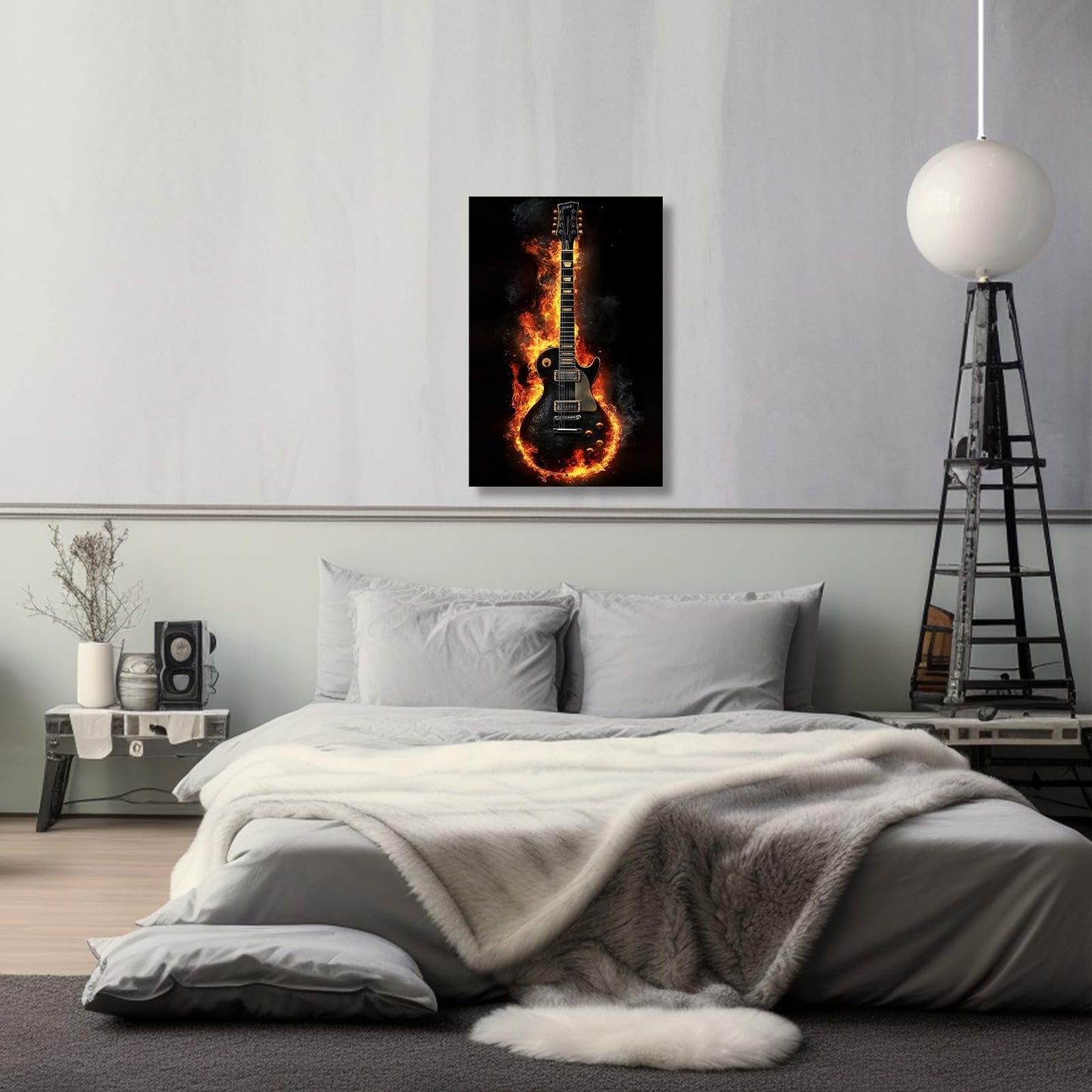 ZSHARTSWD Guitar Canvas Wall Art Fire Burning Electric Guitar Picture Abstract Musical Instrument Poster Print Jazz Music Painting for Bedroom Bar Decor Framed (Black, 18L x 12W)