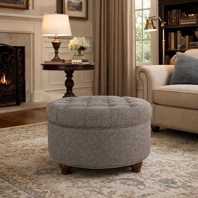Homepop Home Decor | Button Tufted Woven Round Storage Ottoman | Ottoman with Storage for Living Room & Bedroom (Dark Gray)