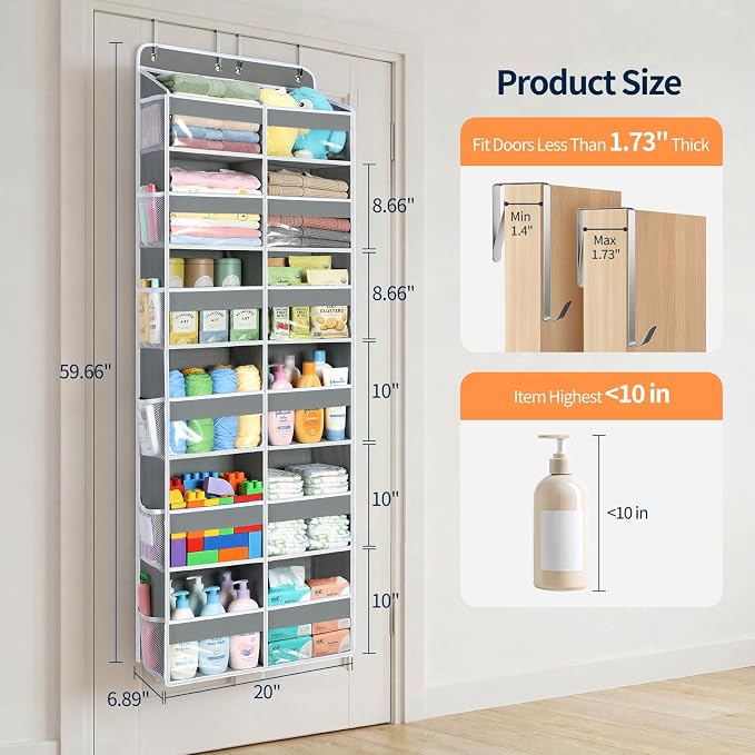Yecaye Over The Door Organizer, 6 Tier Extra Large Behind Door Storage of 12 Compartments, 80lbs Heavy Duty Door Organizer Hanging with Clear Window for Closet Bedroom Pantry Bathroom, Grey
