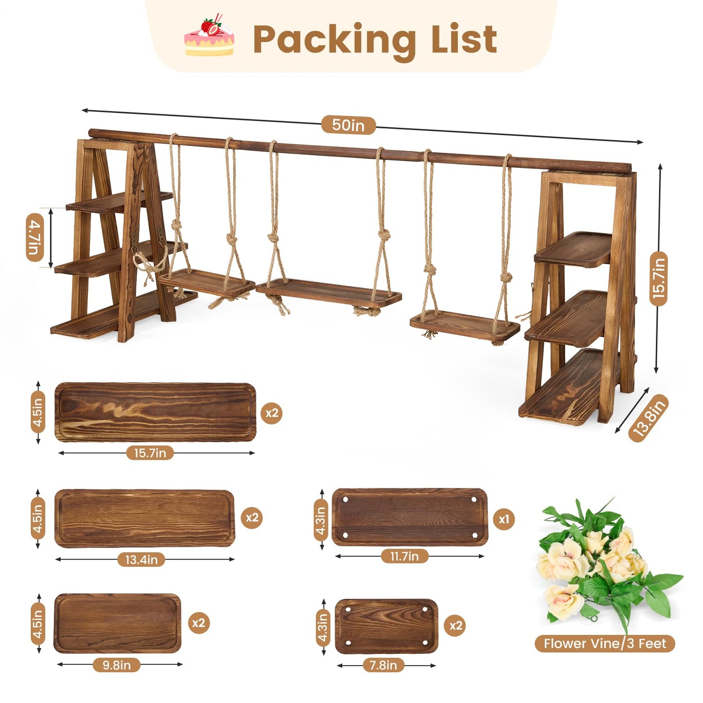 3 Tier Wooden Cupcake Stand with Swing & Flower Decor, Dessert Table Display Set with Removable Trays for Cake Fruit Snack Bread, Rustic Foldable Ladder Stand for Party, Birthday, Wedding & Events