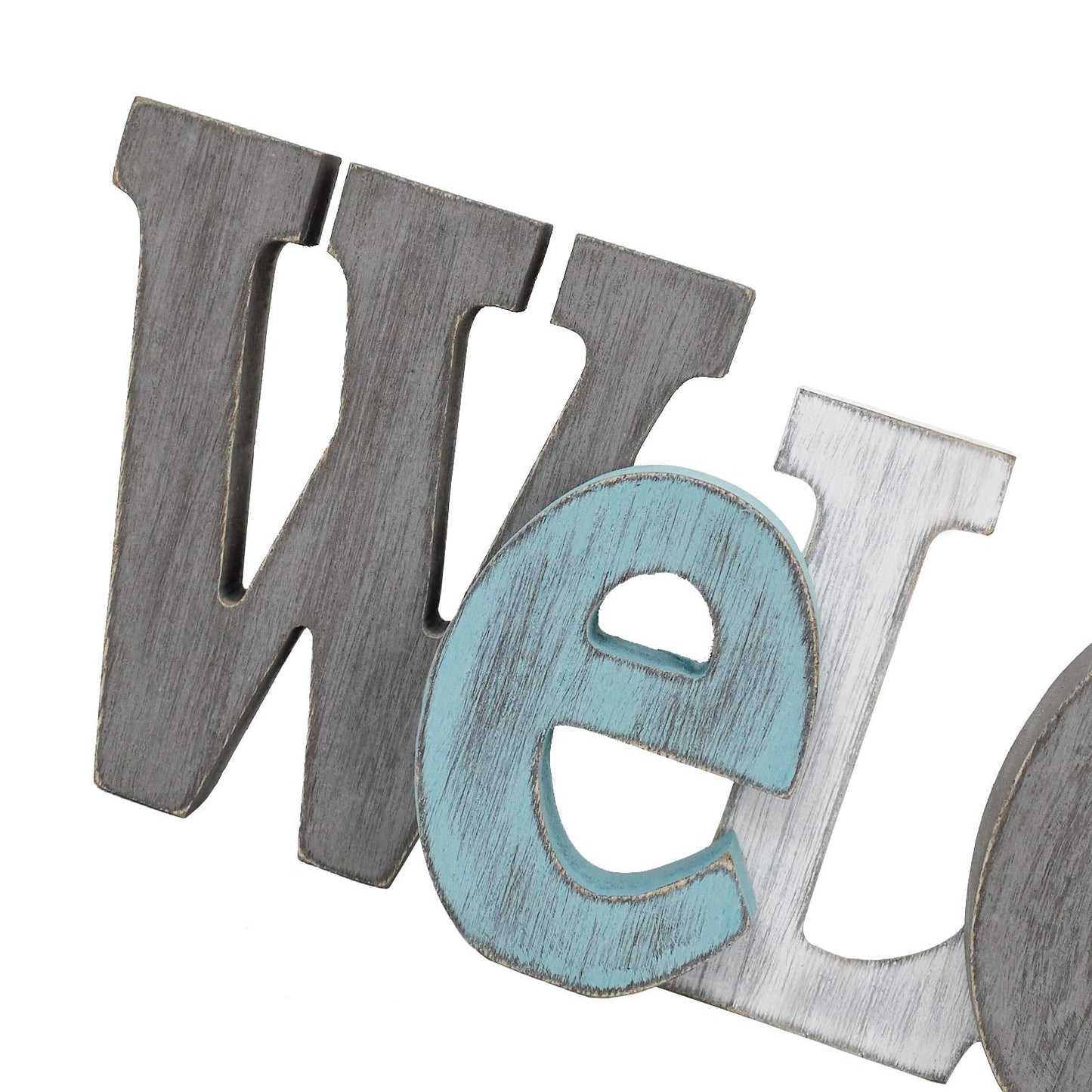 Morning View Wooden Welcome Sign Decorative Hanging Word Signs Table Top Cutout Block Letters Standing Welcome Letter Sign Wall Decor for Living Room Home Decor Shelf Mantel (Aqua)