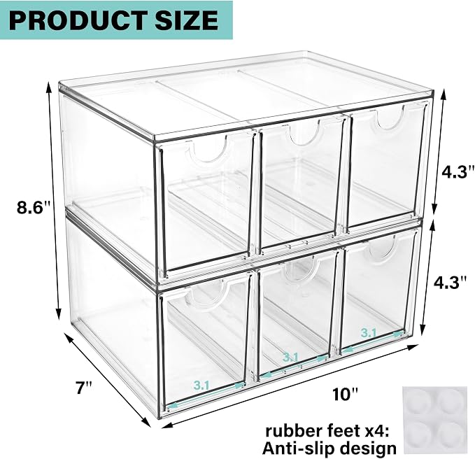 Prsildan Acrylic Makeup Organizer, 2 Pack Stackable Storage Drawers with 6 Drawers for Office Desk Vanity Craft Room Clear Drawer Organizers for Hair Accessories Art Supplies Cosmetics Modular System